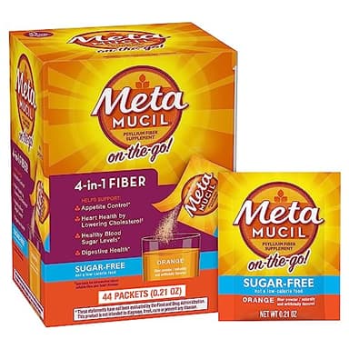 Metamucil On-the-Go Packets, Sugar-Free, 44 Packets, 4-in-1 Psyllium Husk Fiber Supplement, Orange Flavored, Individual Servings Great for Travel, Fiber Supplement for Digestive Health and Regularity