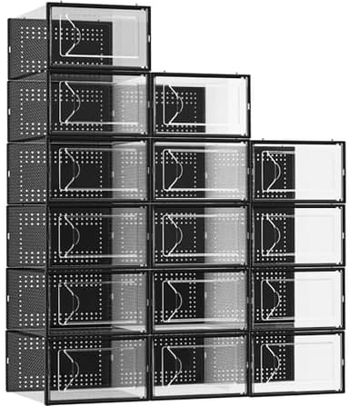 Foluck Shoe Storage Box, 15 Pack Clear Plastic Stackable Shoe Organizer for Closet, Interlocking Design for Sneakers, Foldable Shoes Container Rack with Lids, Black