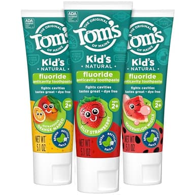 Tom's of Maine Anticavity Kids Natural Toothpaste Variety Pack, Strawberry, Orange Mango, Watermelon Flavors, Kids Toothpaste with Fluoride, Safe for Ages 2 and Up, 5.1 oz (Pack of 3)