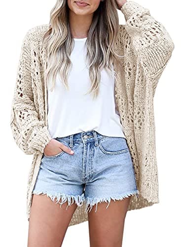 Mafulus Women's Crochet Cardigan Kimono Boho Long Sleeve Lightweight Soft Oversized Open Front Knitted Sweater