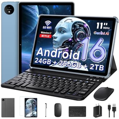 11 Inch Tablet Android 16 with Keyboard, 24GB RAM + 256GB ROM (2TB Expand), T7250 Octa-Core, 1920x1200 IPS FHD Display, 16MP+8MP Dual Camera, Gemini AI, GPS, 2.4G/5G WiFi, 8000mAh, Widevine L1