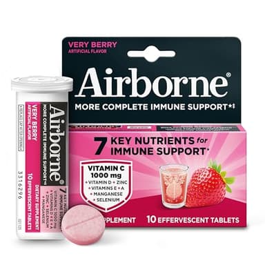 Vitamin C 1000mg (per Serving) - Airborne Very Berry Effervescent Tablets (10 Count in a Box), Gluten-Free Immune Support Supplement, with Vitamins A C E, ZINC, Selenium, Echinacea & Ginger