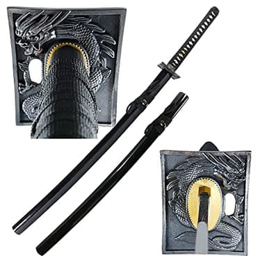 MAKOTO Handmade Sharp Katana Japanese Samurai Sword, Black, Choose Your Tsuba (Square Dragon)