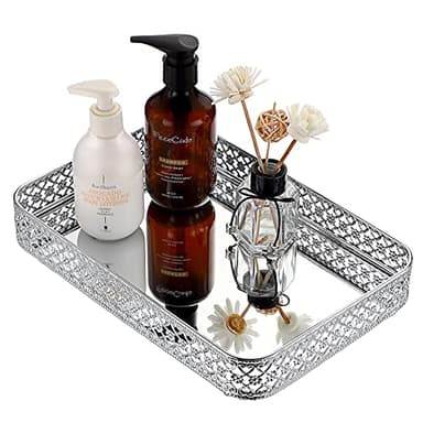 ELLDOO Perfume Mirror Tray Vanity Makeup Hollow-Carved Jewelry Organizer Glass Metal Trinket Storage Tray Home Decor Organizer for Dresser Bathroom Countertop,Silver,Medium Size