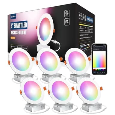 Amico 6 Pack 6 Inch Smart LED Recessed Lighting, WiFi Canless Downlight with Junction Box, RGB & 2700-6500K Color Changing, 12W=110W 1000LM, Voice&Remote&Group Control