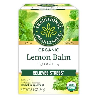Traditional Medicinals Organic, Lemon Balm - Supports Stress Relief & Digestive Health - Kosher, Non-GMO, Caffeine-Free, Compostable - 16 Tea Bags