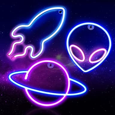 Neon Signs for Wall Decor, 3PCS LED Neon Lights for Bedroom, USB or Battery Powered Light Up Space Themed Alien Planet Rocket for Kids, Teen Boys, Gaming Room, Bar, Birthday, Cool Decoration Aesthetic