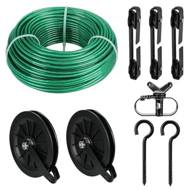 fshihine Outdoor Clothesline Kit, 150ft Green PVC Coated Galvanized Clothes Line Pulley Kit with 6.3" Clothesline Pulley, M8 Metal Hooks, 3Pcs Separator, Outdoor Clothes Line Heavy Duty