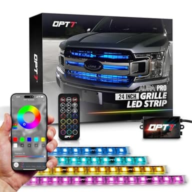 OPT7 Aura Pro RGB LED Grille Lights with App & Remote Control, 4pc 24" Light Strips, Waterproof Front Grill Lighting, Music Sync, Multi-Color, Trucks Decor Accessories for Tacoma Tundra 4Runner