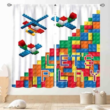 TKUYO Building Blocks Curtains for Boys Room, Abstract Colorful Plastic Building Brick Blocks Geometric Helicopter Aircraft Pattern Window Drapes for Baby Bedroom Living Room, 42"x45" Inch