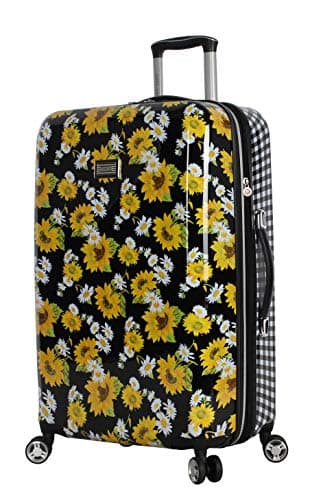 Betsey Johnson 26 Inch Checked Luggage Collection - Expandable Scratch Resistant (ABS + PC) Hardside Suitcase - Designer Lightweight Bag with 8-Rolling Spinner Wheels (Sunflower)