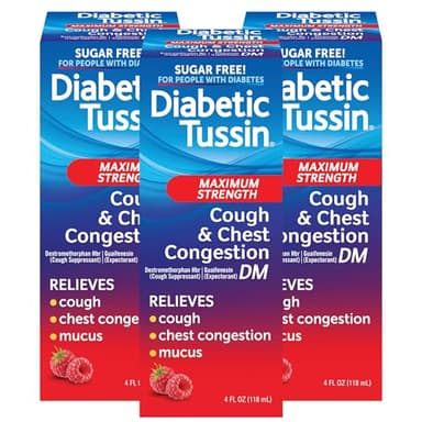 Diabetic Tussin DM Maximum Strength Cough Medicine for Adults, People with Diabetes – No Sugar, Dyes, Sodium, Fructose or Alcohol – Berry Flavored Cough Syrup, 4 Fl Oz, Pack of 3