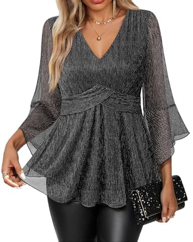 VALOLIA Sequin Tops For Women: Party Night Plus Size V Neck Shiny Sequin Dressy Blouses - Womens Casual Wedding Guest Outfit - Womens Glitter Top 3/4 Sleeve Sparkly Festival Chrismas Party Shirts L