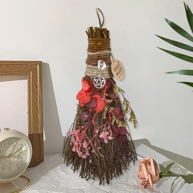 Teeloray Cinnamon Broom 7.5 Inch Witch Broom for Altar Magic Crystal Handmade Mini Cinnamon Broomstick Scented Natural Herbal Protection Witchcraft Supplies for Wiccan Décor Witchy Gifts (Red)