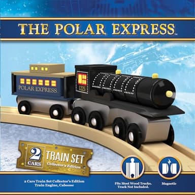 MasterPieces The Polar Express Train Wooden Engine and Caboose Set, Officially Licensed Collector Edition with Magnetic Connection, Compatible with 1 Inch Tracks, Polar Express Train Toy Display