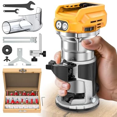 MtiolHig Cordless Compact Router Compatible with DeWalt 20V Battery, With 15Pcs Router Bits 6 Variable Speeds for Woodworking, 800W Fixed Base Wood Router With Trim Bits, Edge & Roller Guide