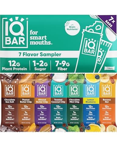 IQBAR Clean Plant Protein Bars - Bar Sampler - 7 Count - Keto, Vegan, High Fiber, Gluten and Dairy Free, Low Sugar Snack - Brain and Body Nutrients for Focus, Energy, Meal Replacement