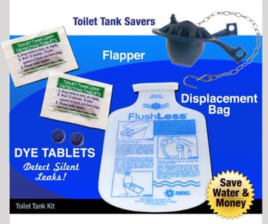 Basic Toilet Kit Replacement Flush Flapper Dye Tablets (Detect Silent Leaks) NRG Tank Displacement Bag