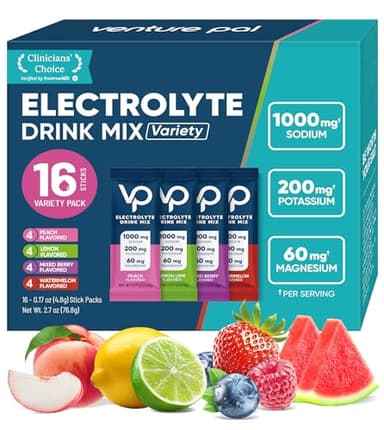 Venture Pal High Sodium Sugar-Free Electrolyte Powder Packets - Hydration Packets with Sodium, Potassium & Magnesium | Zero Calories | Vegan, Keto, and Paleo Friendly | 16 Sticks