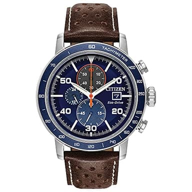 Citizen Men's Eco-Drive Weekender Brycen Chronograph Watch in Stainless Steel, Brown Leather Strap, Blue Dial (Model: CA0648-09L)