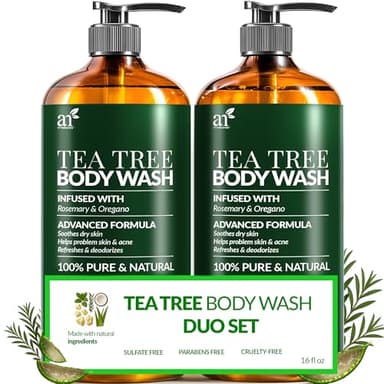 Artnaturals Antibacterial Tea Tree Oil Body Wash For Men & Women Remedy Soap Extra Strength - Helps Treat Acne, Athletes foot, Eczema, Toenail Fungus & Jock Itch & Ringworm (16 Fl Oz (Pack of 2)