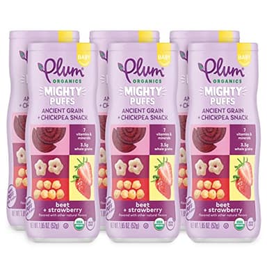 Plum Organics Mighty Puffs Ancient Grain + Chickpea Snack, Beet + Strawberry Flavor, Baby Crawlers, Kosher, USDA Certified Organic, Non-GMO, 1.85 Ounce (Pack of 6)