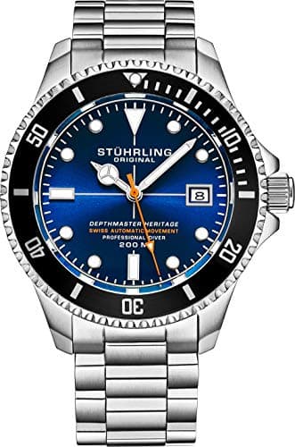 Stuhrling Original Mens Swiss Automatic Stainless Steel Professional DEPTHMASTER Dive Watch, 200 Meters Water Resistant, Brushed and Beveled Bracelet with Divers Safety Clasp and Screw Down Crown