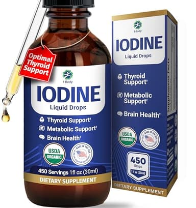 1 Body Iodine Liquid Drops – Potassium Iodide Drops – Organic Iodine Supplement for Thyroid Support – Metabolic Support – Brain Health – Vegan, Non-GMO – 450 Servings – USDA Organic Certified