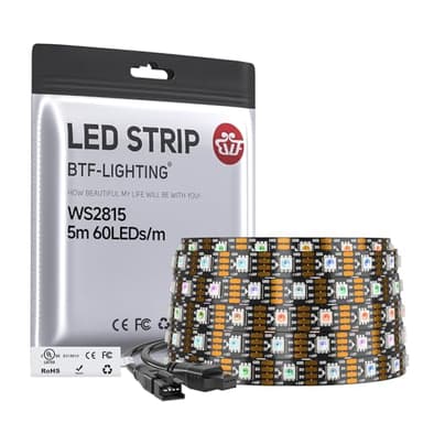 BTF-LIGHTING WS2815 (Upgraded WS2812B) LED Strip Light,UL Listed,16.4FT 300 LED/Pixels,Flexible Chasing RGB,Dual Signal Individually Addressable,5050SMD,3M Tape,DC12V IP30(No Adapter or Controller)