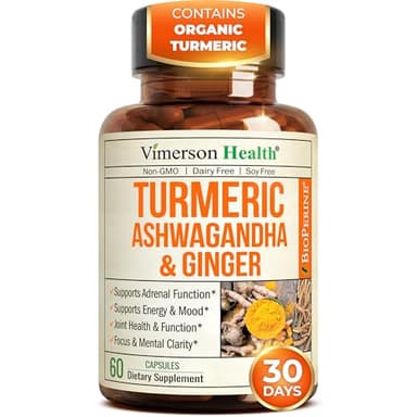 Ashwagandha Organic Turmeric Curcumin Supplement with Ginger Root & Black Pepper – Joint Health, Energy & Immune Support – Antioxidant Blend with 95% Curcuminoids – 60 Capsules