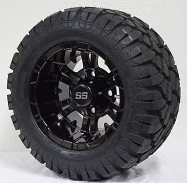 10" VAMPIRE Gloss Black Golf Cart Wheels and 18x9-10 DOT Stinger All Terrain Golf Cart Tires Combo - Set of 4 (Fits All Carts!)
