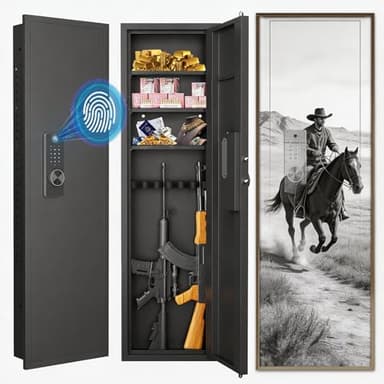 53.15" Hidden In-Wall Gun Safe with Fingerprint & Digital Keypad, Heavy Duty Alloy Steel Wall Mounted Safe, Concealed Security Cabinet for Rifles, Pistols, Cash & Jewelry – Flush Mount Design, Black