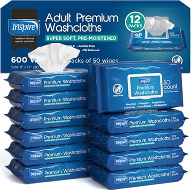 Inspire Adult Wet Wipes, Wash Cloths | Adult Wipes for Incontinence & Cleansing for Elderly, 8"x12" Count 12 packs of 50