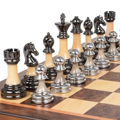 Luxury Large Chess Set 17 Inch Wooden Chess Board with Metal and Acrylic Chess Pieces, 3.5" King, 2 Extra Queens, Foldable Tournament Chess Set for Adults and Kids, Gift Display Chess Game Collection