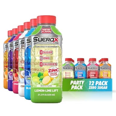 SueroX Zero Sugar Electrolyte Drink for Hydration and Recovery, Unique Blend of Electrolytes & 8 Ions, Zero Calorie Sports Drink, 21.3 Fl Oz, Party Pack, 12 Count