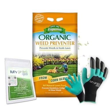 MYGP Organic Weed Preventer 25 lb – Natural Lawn Fertilizer & Weed Control – Corn Gluten Meal Granules – Includes Gardening Claw Gloves & Soil pH Test Strips – Covers 1,250 sq ft