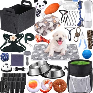 Abbylike 50 Pcs Puppy Supplies Starter Kit for Small Dogs Puppy Essentials Includes Leash, Bowls, Teeth Brushes, Water Bottle, and More Accessories for Dogs Pet Day Welcome Gift(Black)