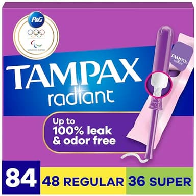 Tampax Radiant Tampons for Women Multipack, with LeakGuard Braid, Regular/Super Absorbency, Unscented, 84 Count (3 Packs of 28)