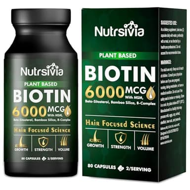 Nutrsivia Biotin 6000mcg Hair Growth Supplement with MSM& Bamboo Silica - Hair, Skin & Nail Support for Women & Men, 80 Capsules.