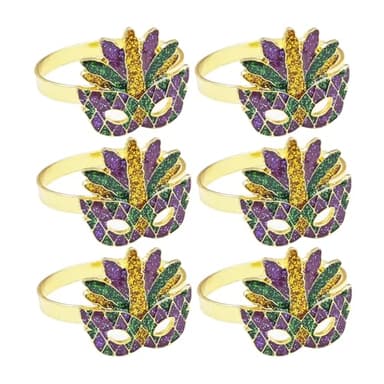 Mardi gras Napkin Rings for Table Place Setting,Mardi gras Glitter Mask Fleur-de-lis Serviette Holders Ring,Masquerade Party Serviette Buckles Table Decoractions (6pcs)