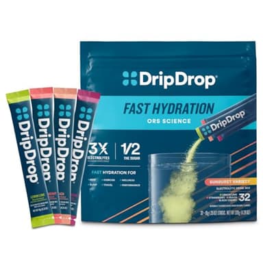 DripDrop Hydration Packets - Sunburst Variety Pack - Single Serve Electrolytes Powder Drink Mix - Lemon Lime, Strawberry, Peach, Black Cherry - Non-GMO, Gluten Free, Vegan - 32 Sticks