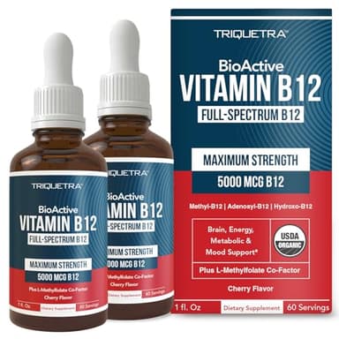 Organic Vitamin B12 - 5000 mcg, 3 BioActive Forms B12: Methyl B12, Adenosyl B12 & Hydroxy B12 - Plus L-Methylfolate Cofactor | Sublingual Form, Cherry Flavor, Vegan, Non-GMO (120 Servings - 2 Pack)