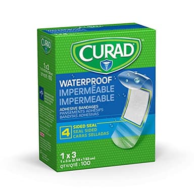 CURAD Plastic Waterproof Adhesive Bandage for First Aid, Stays on in the Pool, Holds for 12 Hours, Bandages for Fingers & Elbows, Sterile,1 x 3 Inches, 100 Count