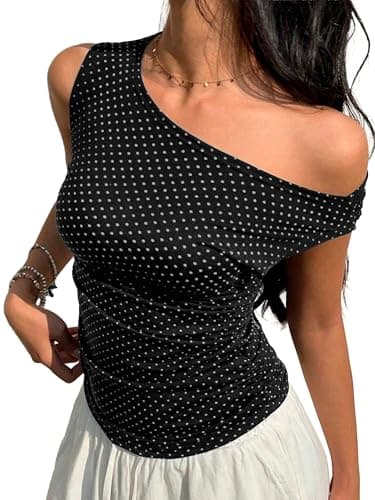 EMMIOL Off Shoulder Tops for Women Cute Sleeveless Polka Dot Shirts Ruched Sexy Going Out Tank Top Y2K Clothes