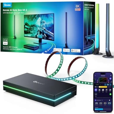 Govee HDMI 2.1 Sync Box Kit 2, Includes AI Sync Box, Light Bars, and Monitor Backlight, Supports 8K@60Hz, 4K@144Hz, VRR and ALLM, Works with Matter and Alexa, RGBIC Light Strip for 27-34 inch Monitor