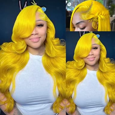 XIAPAY 28 Inch Yellow Lace Front Wig Human Hair 13x4 Body Wave Lace Front Wigs Human Hair Pre Plucked Colored 200% Density HD Lace Frontal Wig Glueless Yellow Wig Human Hair