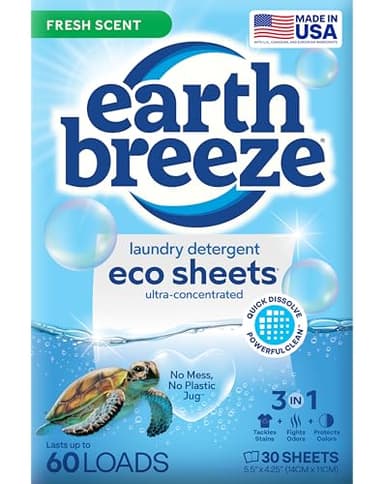 Earth Breeze Laundry Detergent Sheets Fresh Scent - 60 Loads Eco Liquidless Soap - Travel-Friendly for Hot & Cold Cycles, Tackles Tough Stains & Odors - Gentle on Skin, 30 Ct