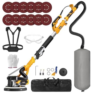 GEVEELIFE Drywall Sander, 880W Popcorn Ceiling Removal Tool, Drywall Sander with Vacuum Dust Collector, 5 Variable Speed 1000-2100RPM, LED Light, Foldable & Extendable Handle, 12 Sanding Discs