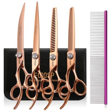 FOGOSP Left Handed Dog Grooming Scissors Set 4PCS Rose Gold Titanium Curved Thinning Straight Chunkers Shears Kit with White Artificial Diamonds Ergonomic Offset Handle Japan 440C