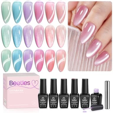 Beetles Cat Eye Gel Nail Polish Set, 6 Colors Pastel Spring Shimmer Glitter Gel Polish Kit Pink Red Blue Orange Green Purple Velvet Gel Soak Off LED UV with Magnet Nail Art DIY Manicure Gift for Women